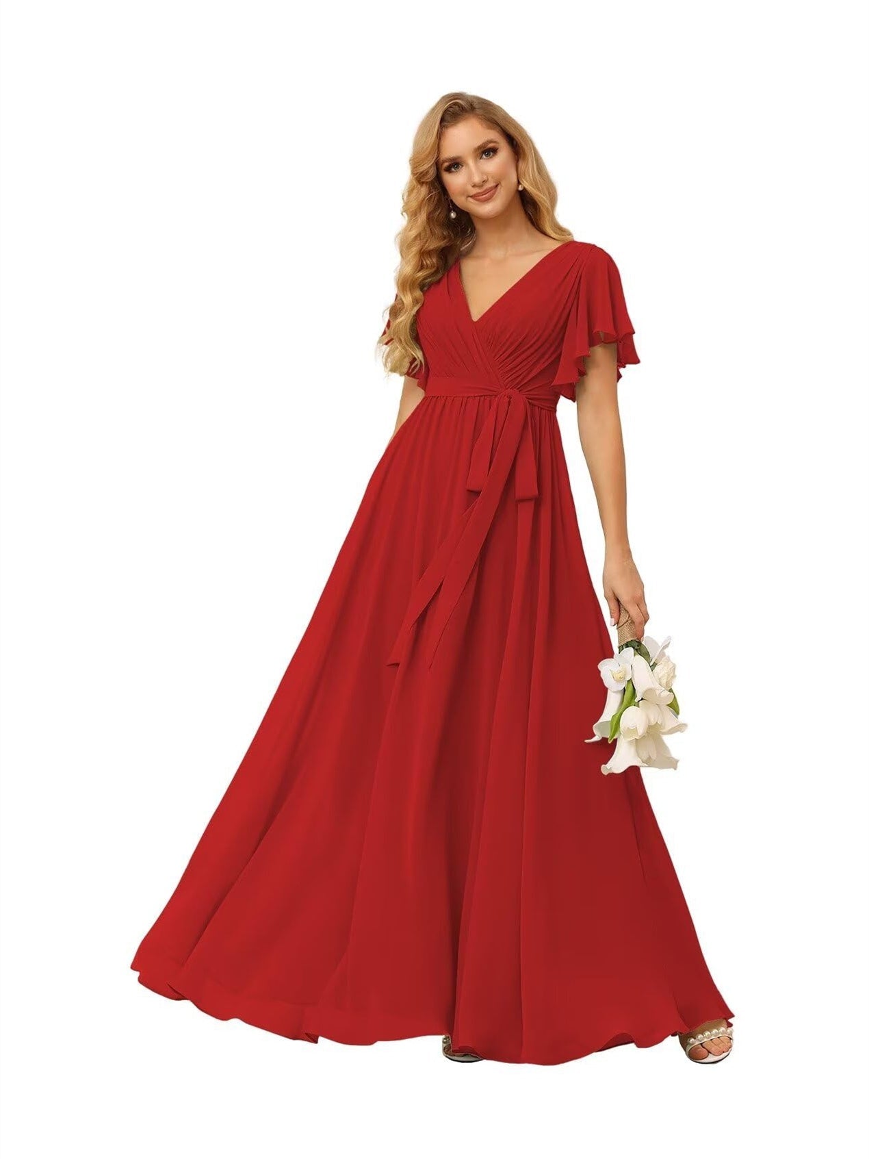 A-Line V Neck Short Sleeve Floor Length Bridesmaid Dresses Chiffon with Ruffles Bow(s)