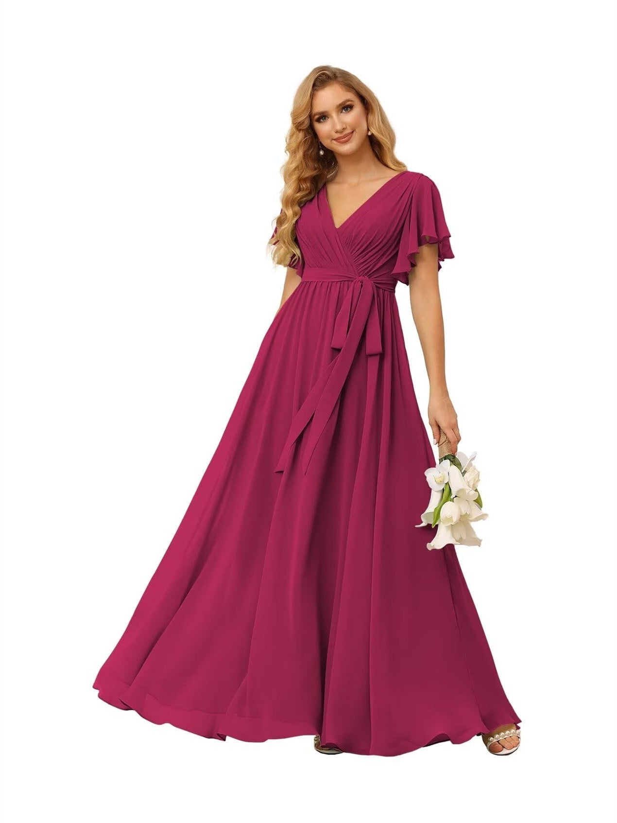 A-Line V Neck Short Sleeve Floor Length Bridesmaid Dresses Chiffon with Ruffles Bow(s)