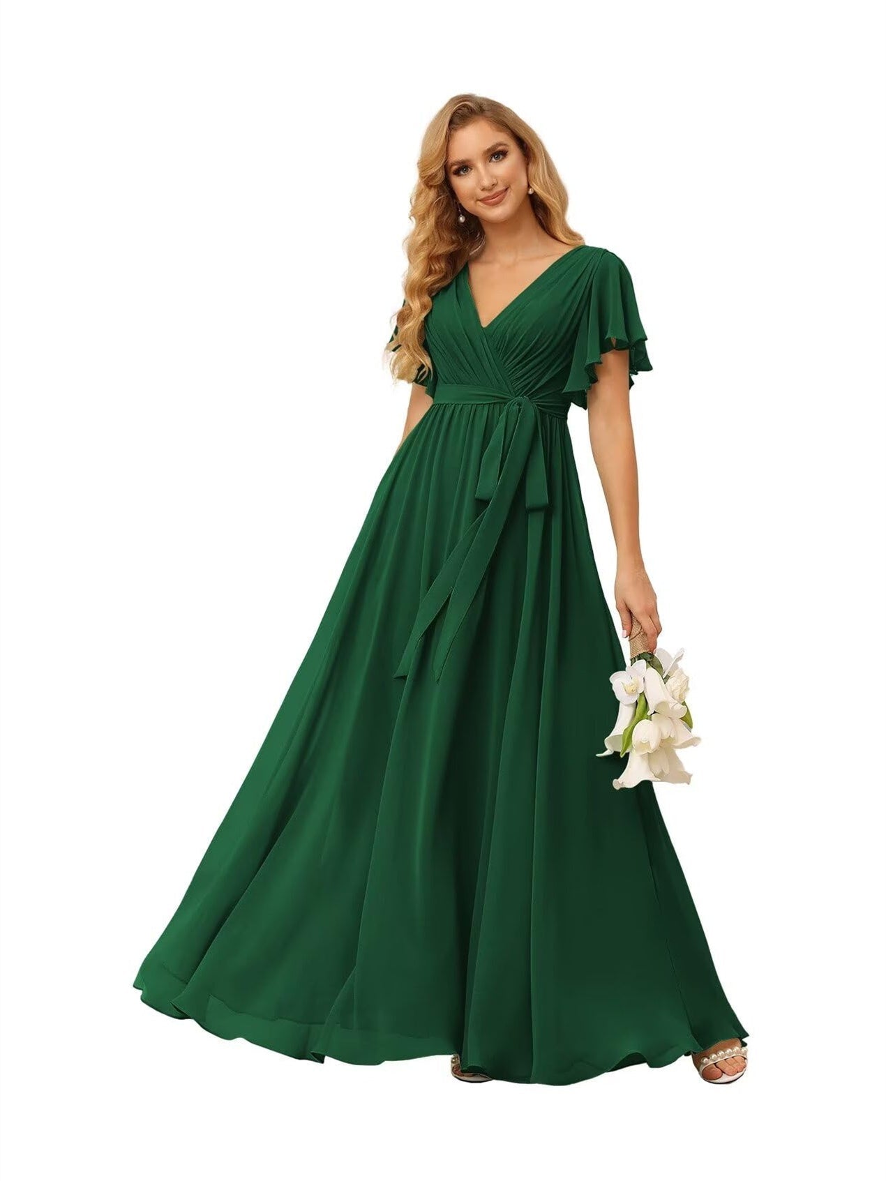A-Line V Neck Short Sleeve Floor Length Bridesmaid Dresses Chiffon with Ruffles Bow(s)