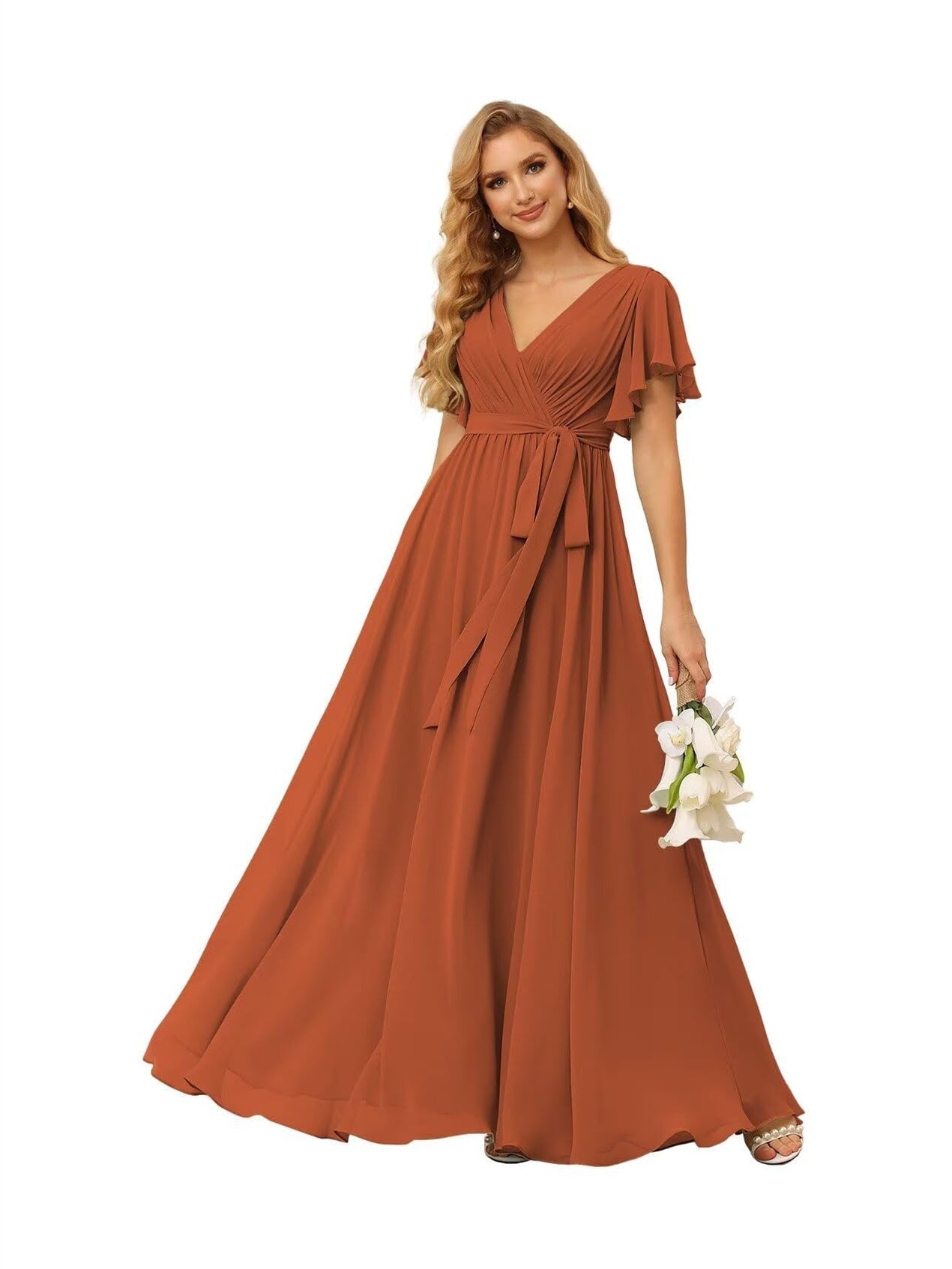 A-Line V Neck Short Sleeve Floor Length Bridesmaid Dresses Chiffon with Ruffles Bow(s)