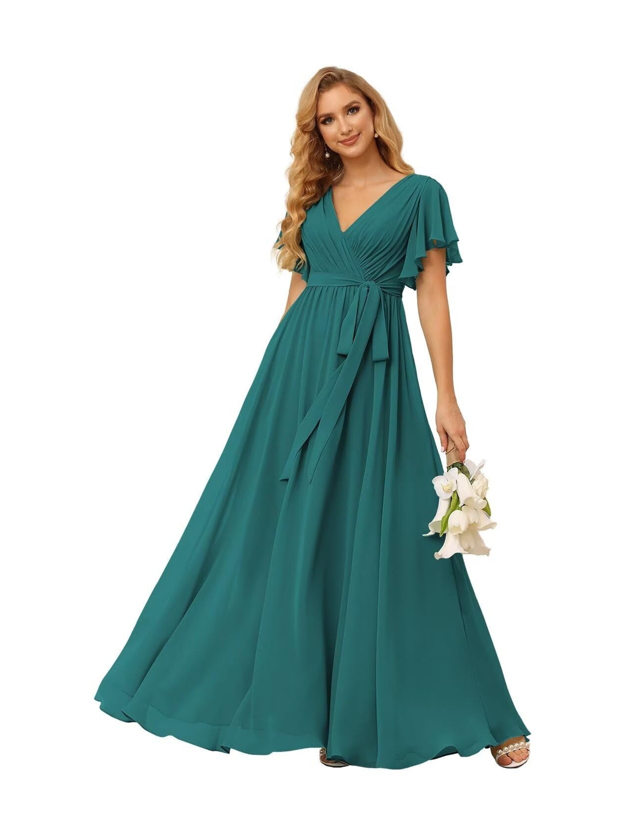 A-Line V Neck Short Sleeve Floor Length Bridesmaid Dresses Chiffon with Ruffles Bow(s)