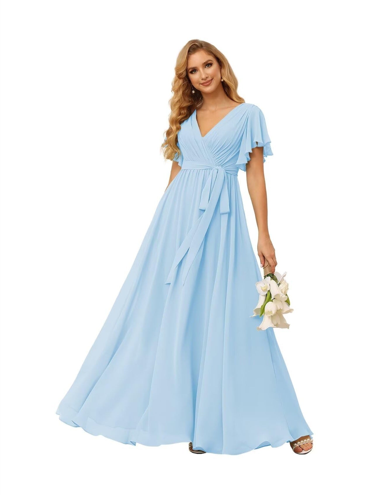 A-Line V Neck Short Sleeve Floor Length Bridesmaid Dresses Chiffon with Ruffles Bow(s)