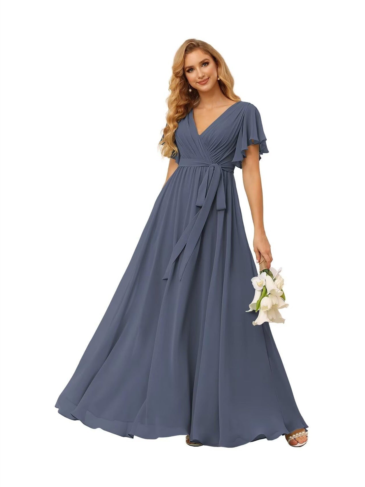 A-Line V Neck Short Sleeve Floor Length Bridesmaid Dresses Chiffon with Ruffles Bow(s)