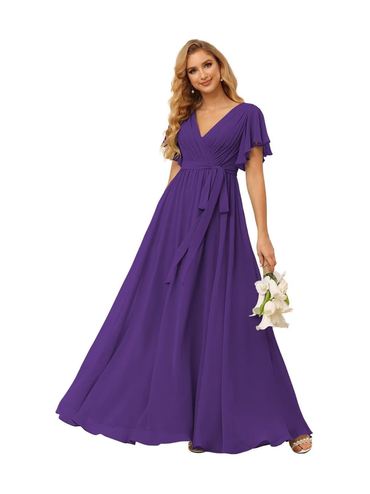 A-Line V Neck Short Sleeve Floor Length Bridesmaid Dresses Chiffon with Ruffles Bow(s)
