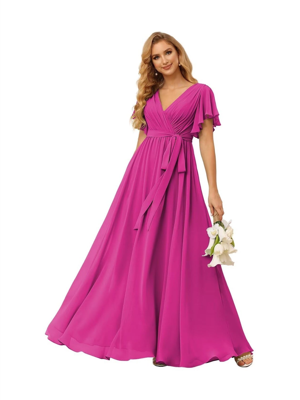 A-Line V Neck Short Sleeve Floor Length Bridesmaid Dresses Chiffon with Ruffles Bow(s)