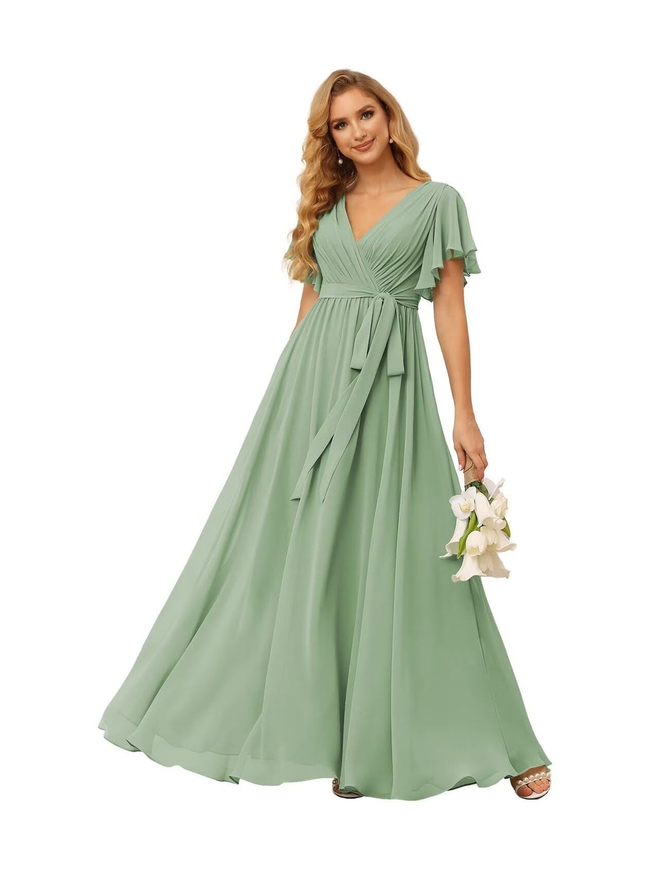A-Line V Neck Short Sleeve Floor Length Bridesmaid Dresses Chiffon with Ruffles Bow(s)