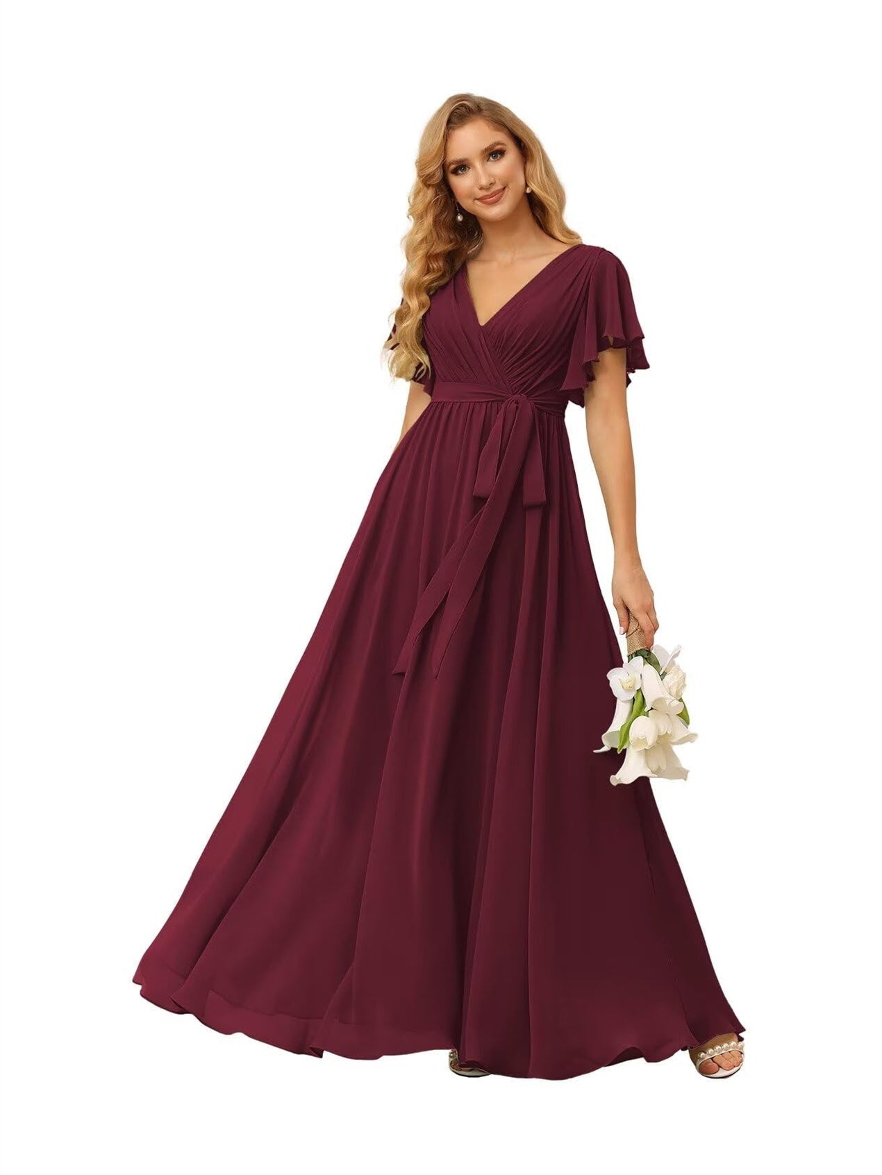 A-Line V Neck Short Sleeve Floor Length Bridesmaid Dresses Chiffon with Ruffles Bow(s)