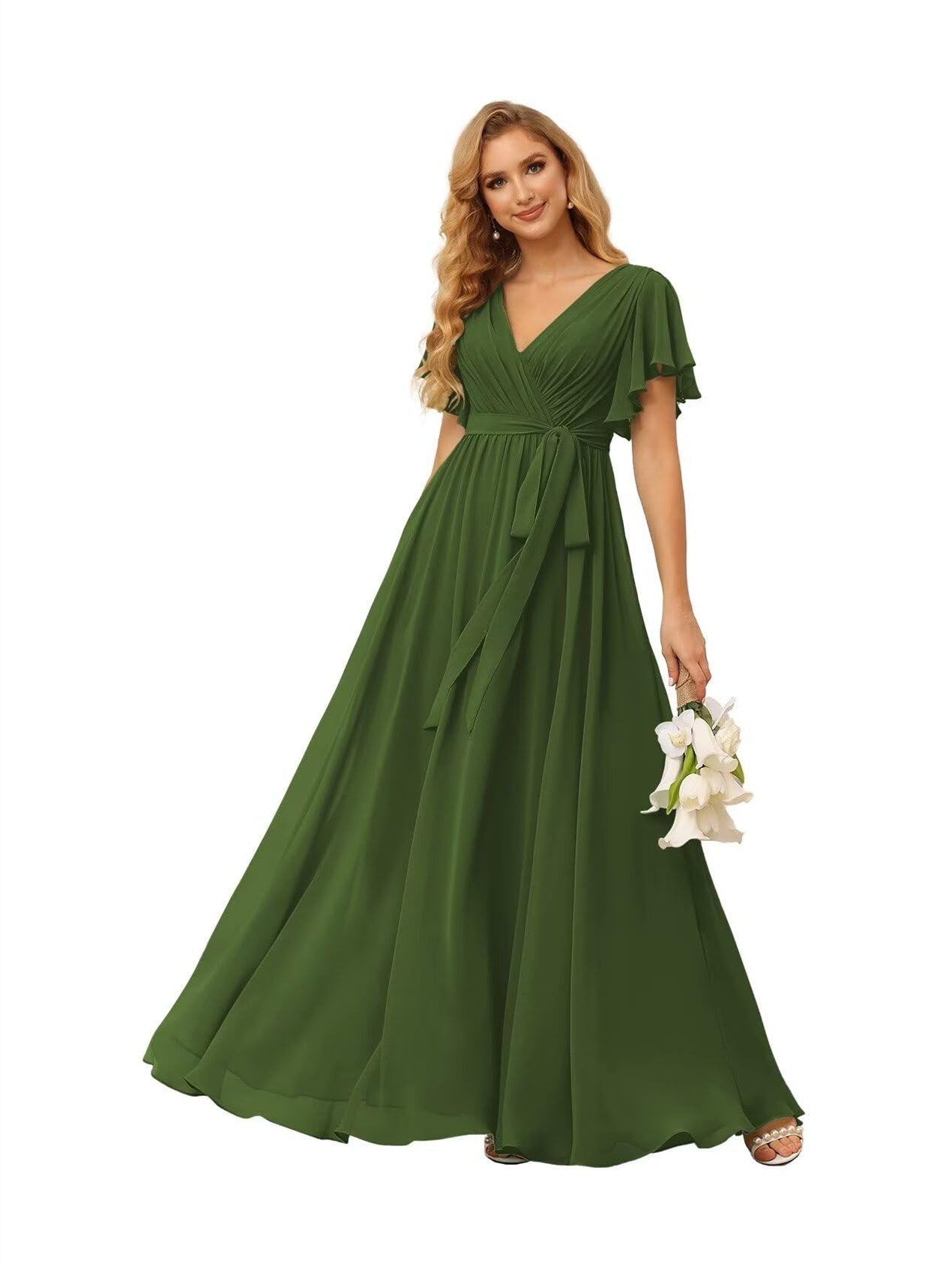 A-Line V Neck Short Sleeve Floor Length Bridesmaid Dresses Chiffon with Ruffles Bow(s)