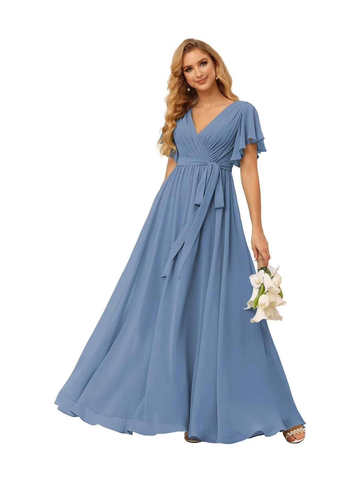 A-Line V Neck Short Sleeve Floor Length Bridesmaid Dresses Chiffon with Ruffles Bow(s)