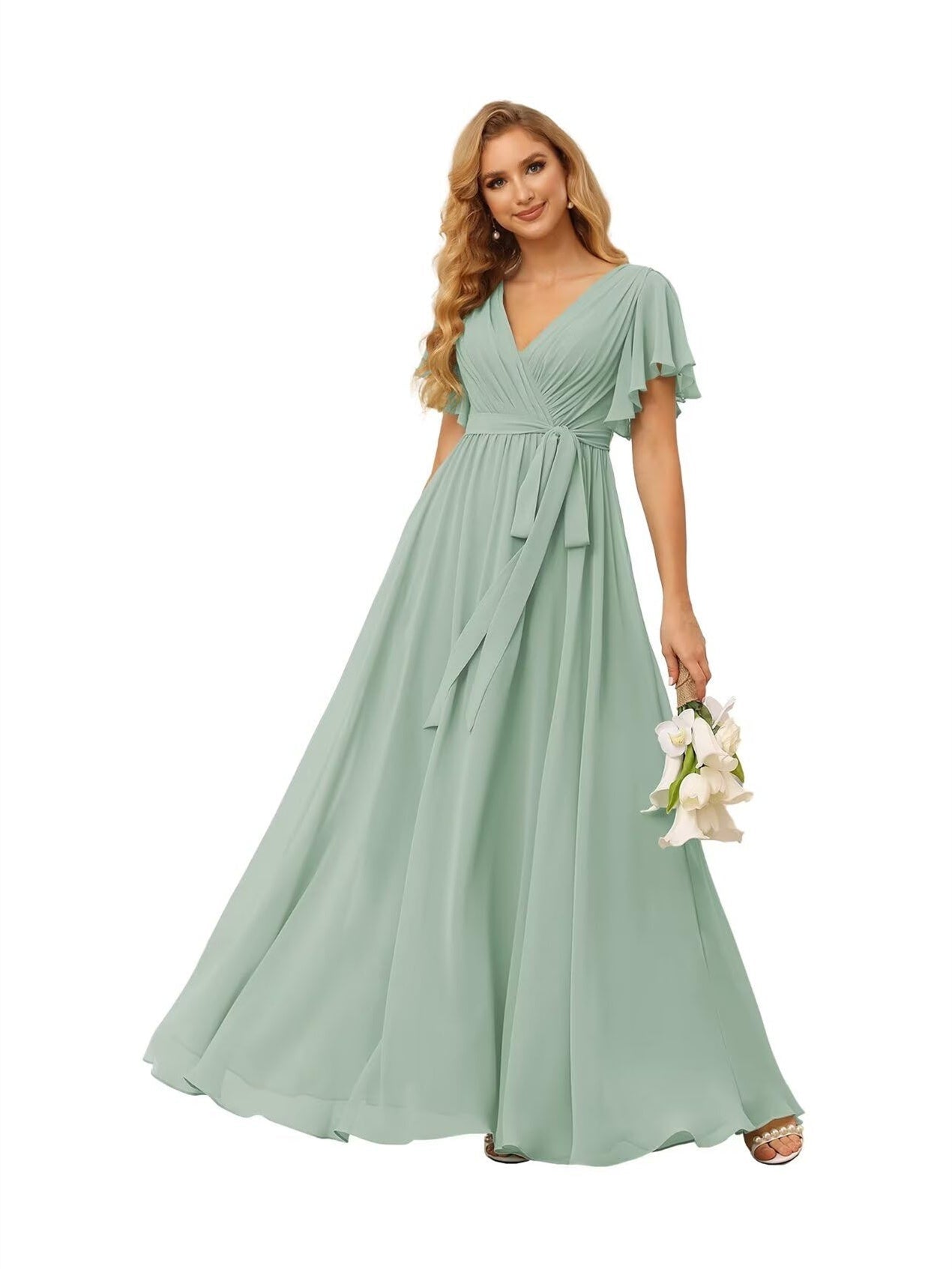 A-Line V Neck Short Sleeve Floor Length Bridesmaid Dresses Chiffon with Ruffles Bow(s)