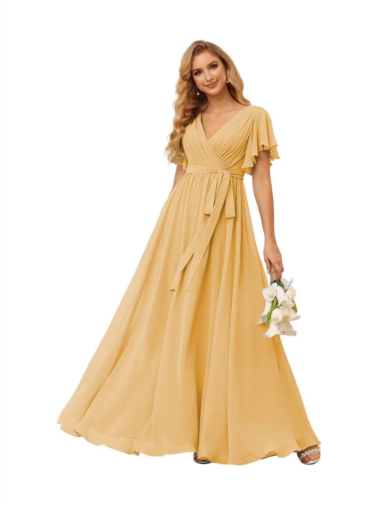 A-Line V Neck Short Sleeve Floor Length Bridesmaid Dresses Chiffon with Ruffles Bow(s)