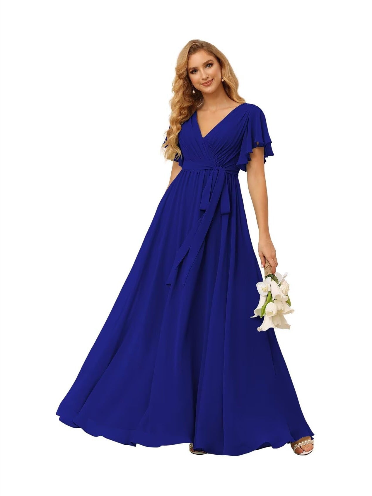 A-Line V Neck Short Sleeve Floor Length Bridesmaid Dresses Chiffon with Ruffles Bow(s)