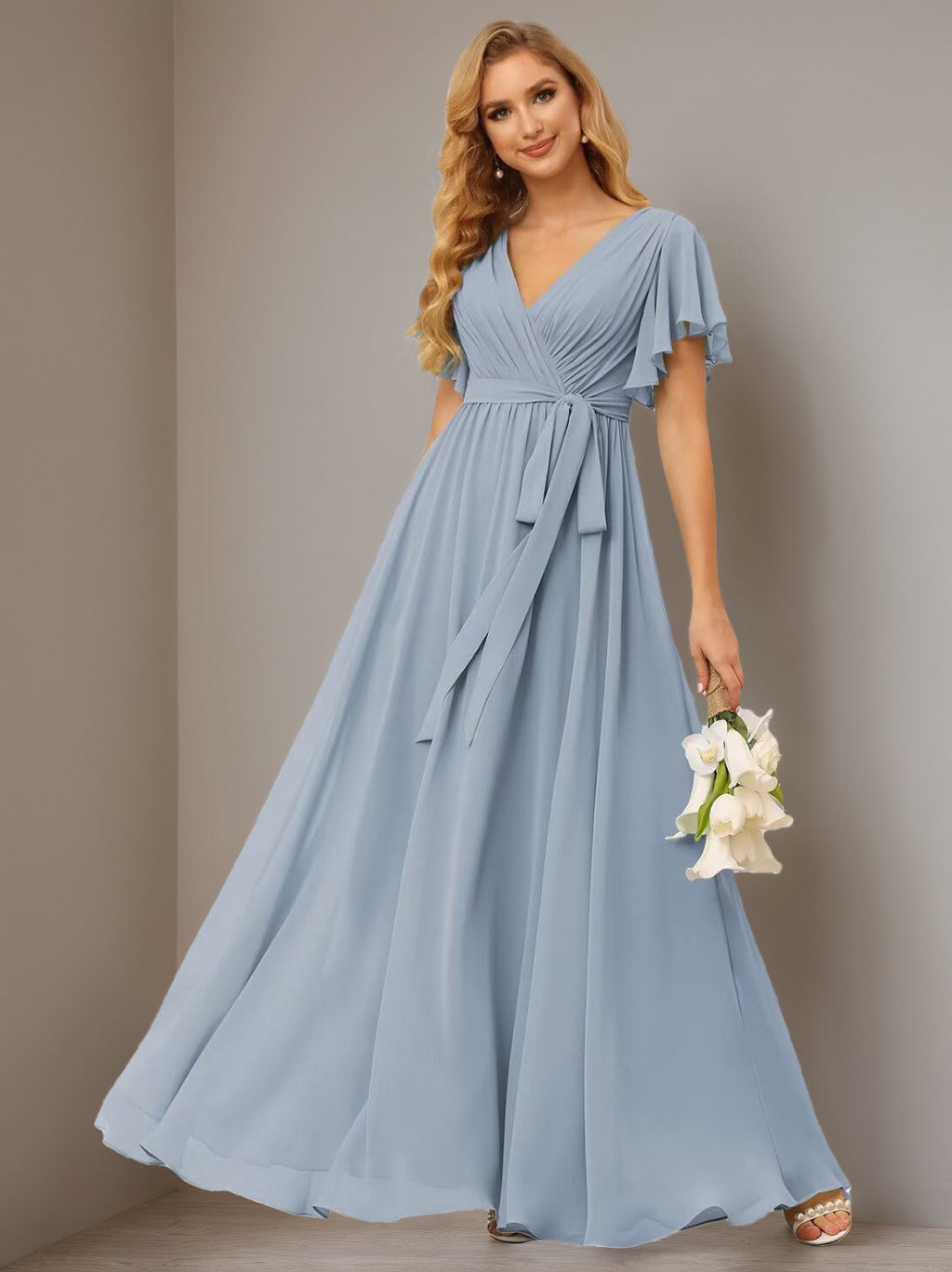 A-Line V Neck Short Sleeve Floor Length Bridesmaid Dresses Chiffon with Ruffles Bow(s)