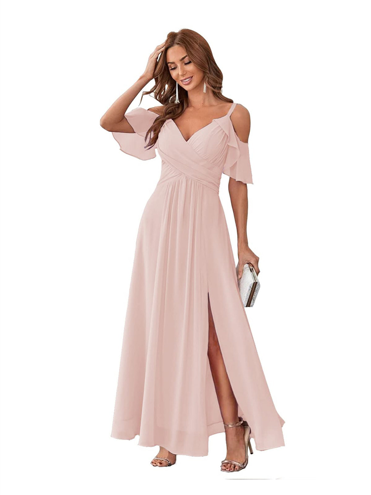 A-Line/Princess V Neck Short Sleeve Spaghetti Straps Ankle Length Bridesmaid Dresses Chiffon with Ruffles Bow(s)