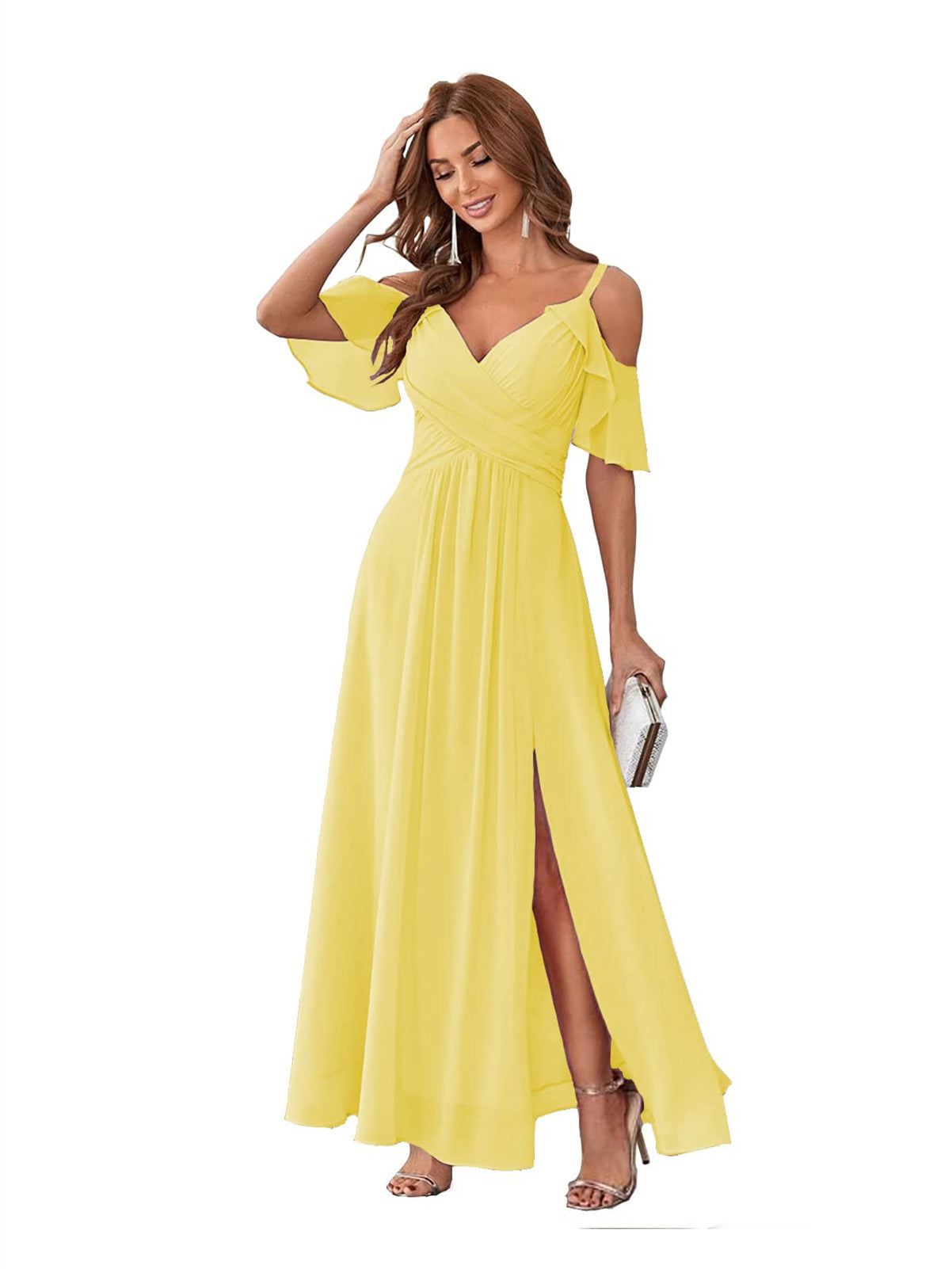 A-Line/Princess V Neck Short Sleeve Spaghetti Straps Ankle Length Bridesmaid Dresses Chiffon with Ruffles Bow(s)