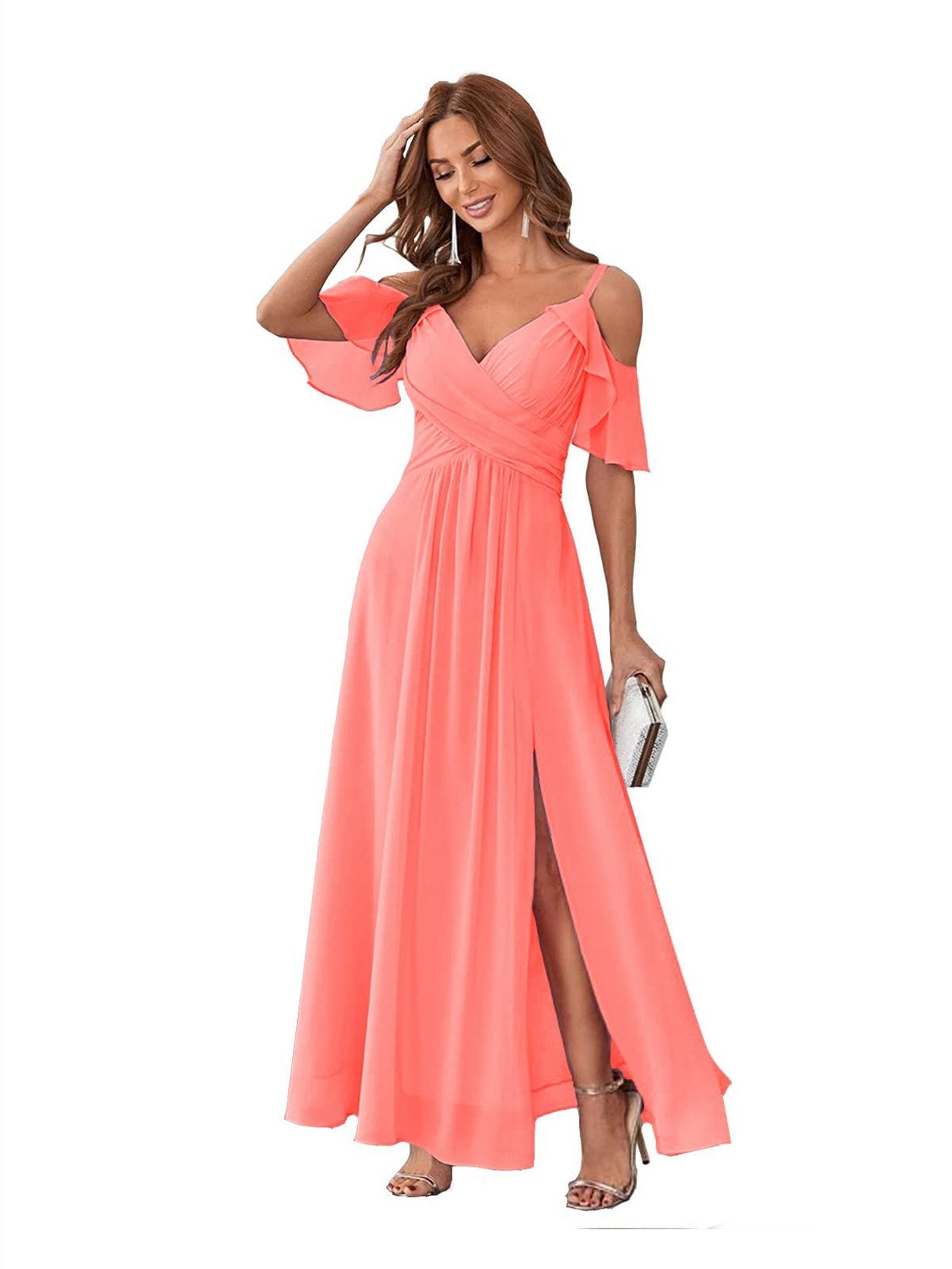A-Line/Princess V Neck Short Sleeve Spaghetti Straps Ankle Length Bridesmaid Dresses Chiffon with Ruffles Bow(s)