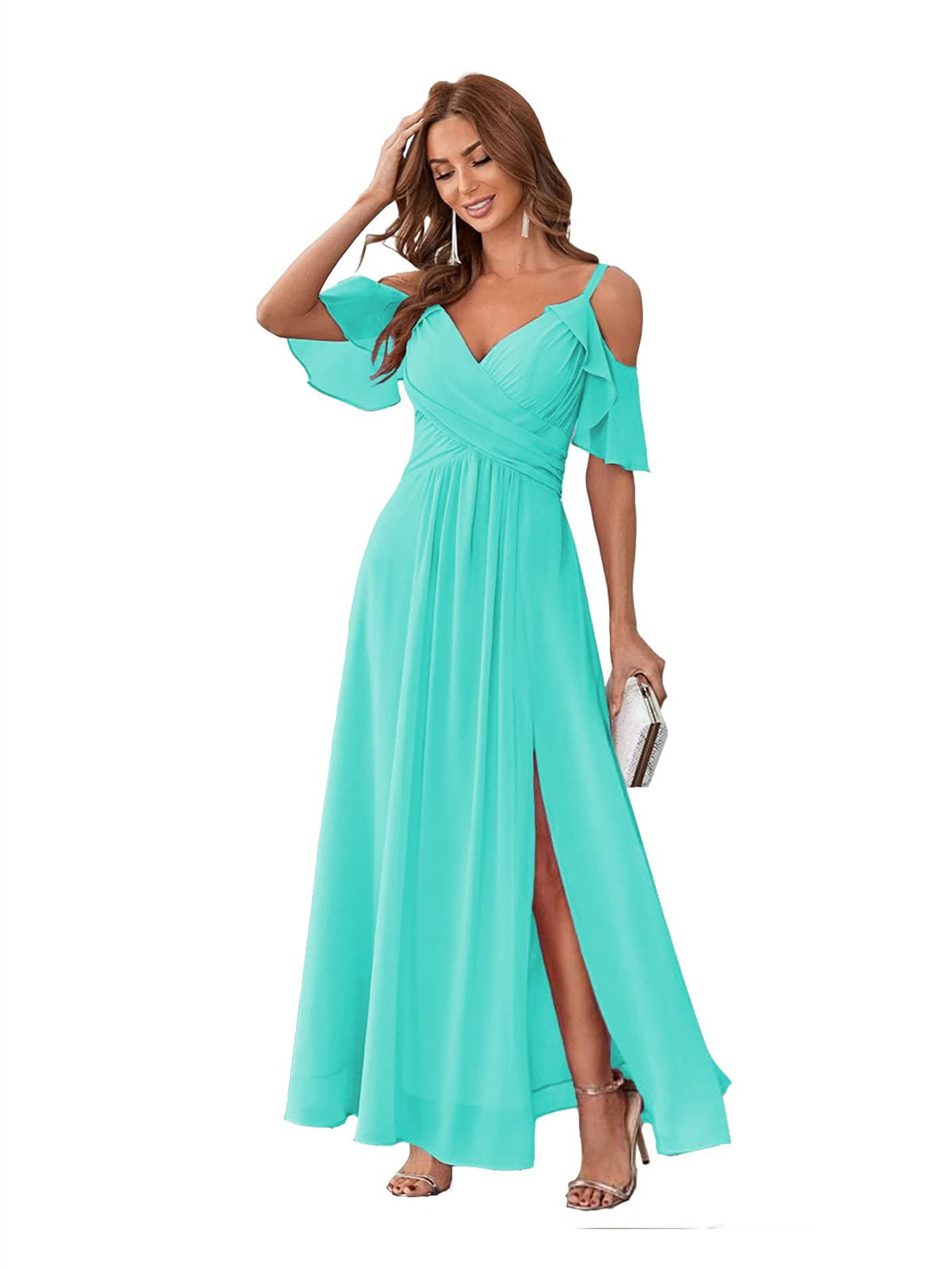 A-Line/Princess V Neck Short Sleeve Spaghetti Straps Ankle Length Bridesmaid Dresses Chiffon with Ruffles Bow(s)