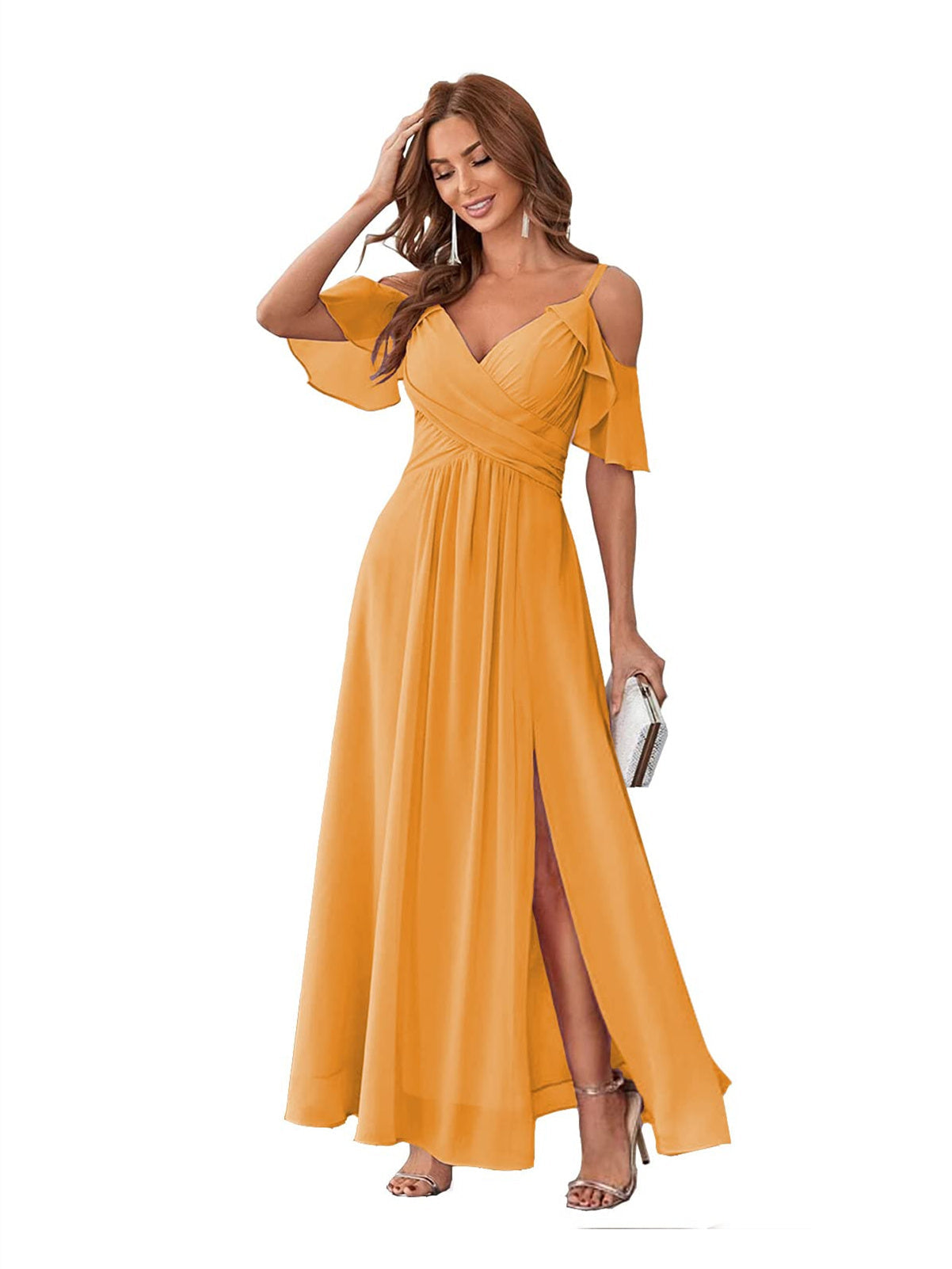 A-Line/Princess V Neck Short Sleeve Spaghetti Straps Ankle Length Bridesmaid Dresses Chiffon with Ruffles Bow(s)