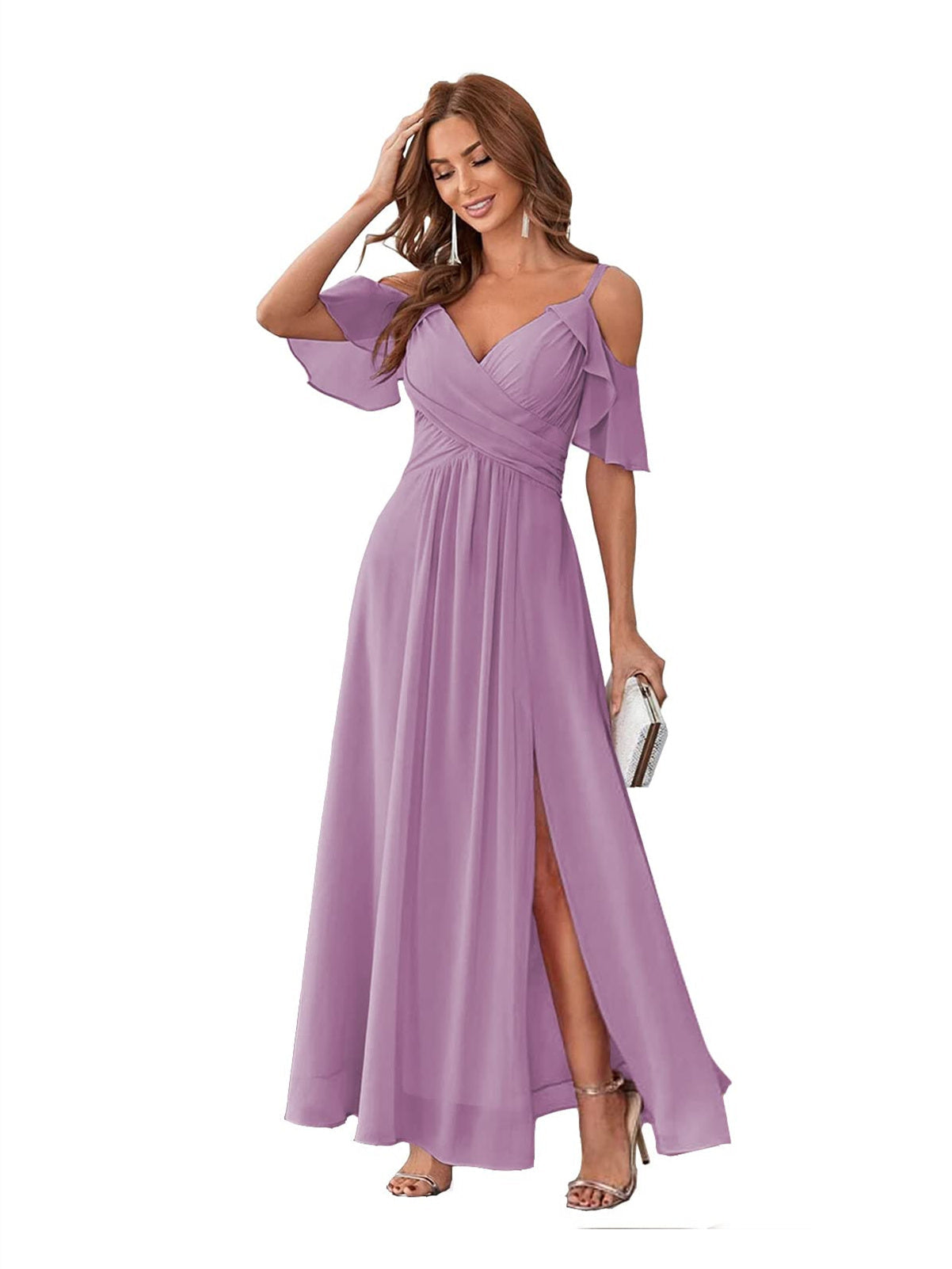 A-Line/Princess V Neck Short Sleeve Spaghetti Straps Ankle Length Bridesmaid Dresses Chiffon with Ruffles Bow(s)