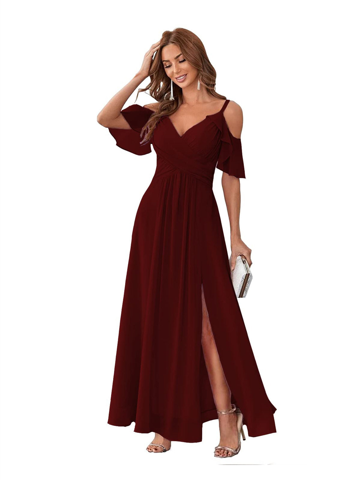 A-Line/Princess V Neck Short Sleeve Spaghetti Straps Ankle Length Bridesmaid Dresses Chiffon with Ruffles Bow(s)