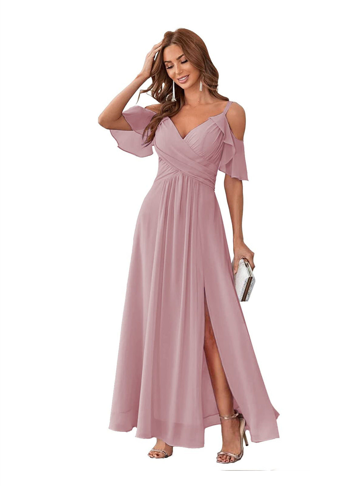 A-Line/Princess V Neck Short Sleeve Spaghetti Straps Ankle Length Bridesmaid Dresses Chiffon with Ruffles Bow(s)