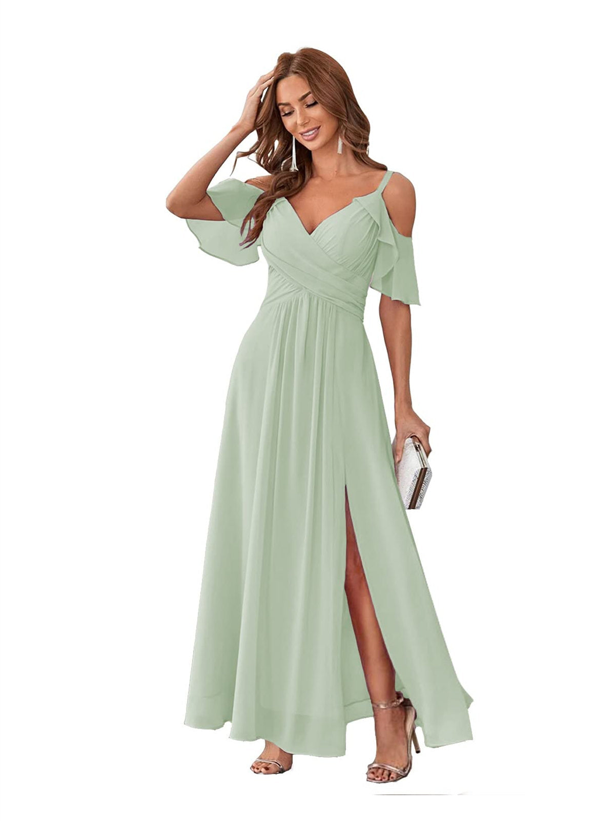 A-Line/Princess V Neck Short Sleeve Spaghetti Straps Ankle Length Bridesmaid Dresses Chiffon with Ruffles Bow(s)