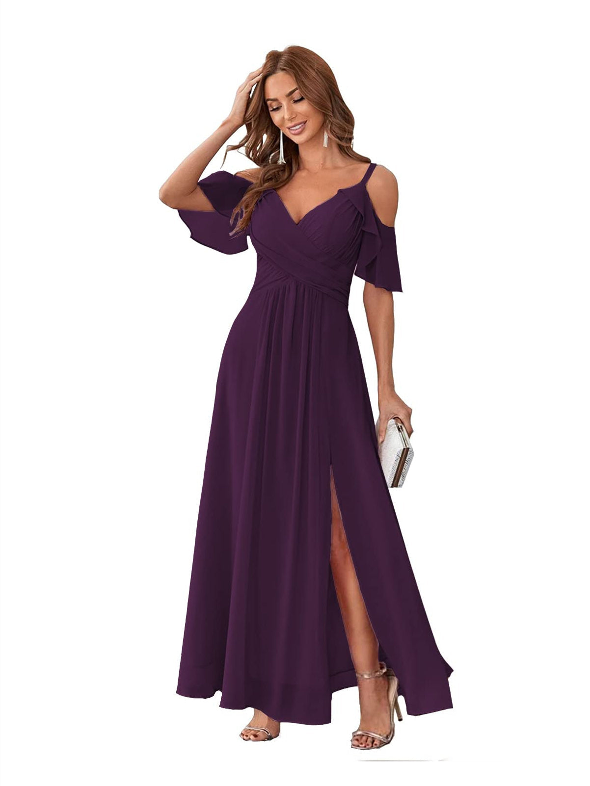 A-Line/Princess V Neck Short Sleeve Spaghetti Straps Ankle Length Bridesmaid Dresses Chiffon with Ruffles Bow(s)