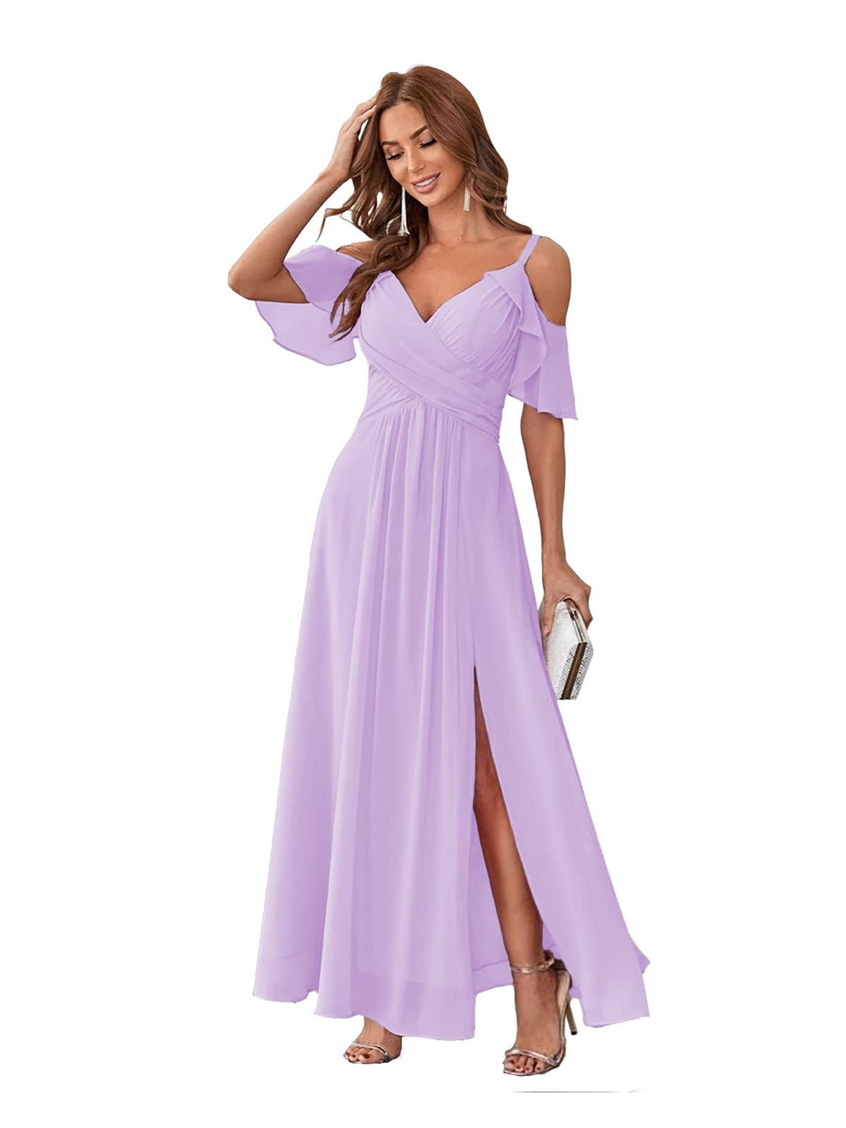 A-Line/Princess V Neck Short Sleeve Spaghetti Straps Ankle Length Bridesmaid Dresses Chiffon with Ruffles Bow(s)