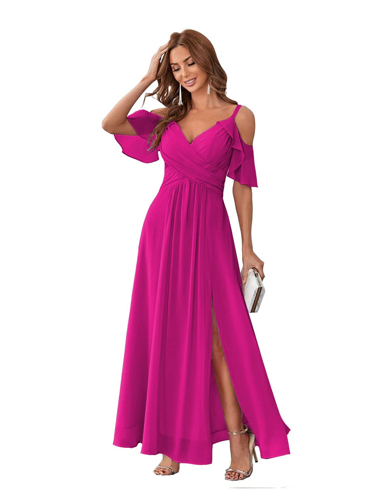 A-Line/Princess V Neck Short Sleeve Spaghetti Straps Ankle Length Bridesmaid Dresses Chiffon with Ruffles Bow(s)