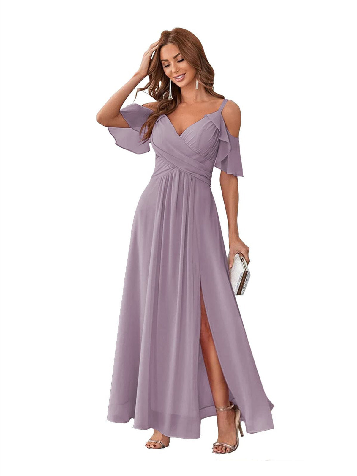 A-Line/Princess V Neck Short Sleeve Spaghetti Straps Ankle Length Bridesmaid Dresses Chiffon with Ruffles Bow(s)