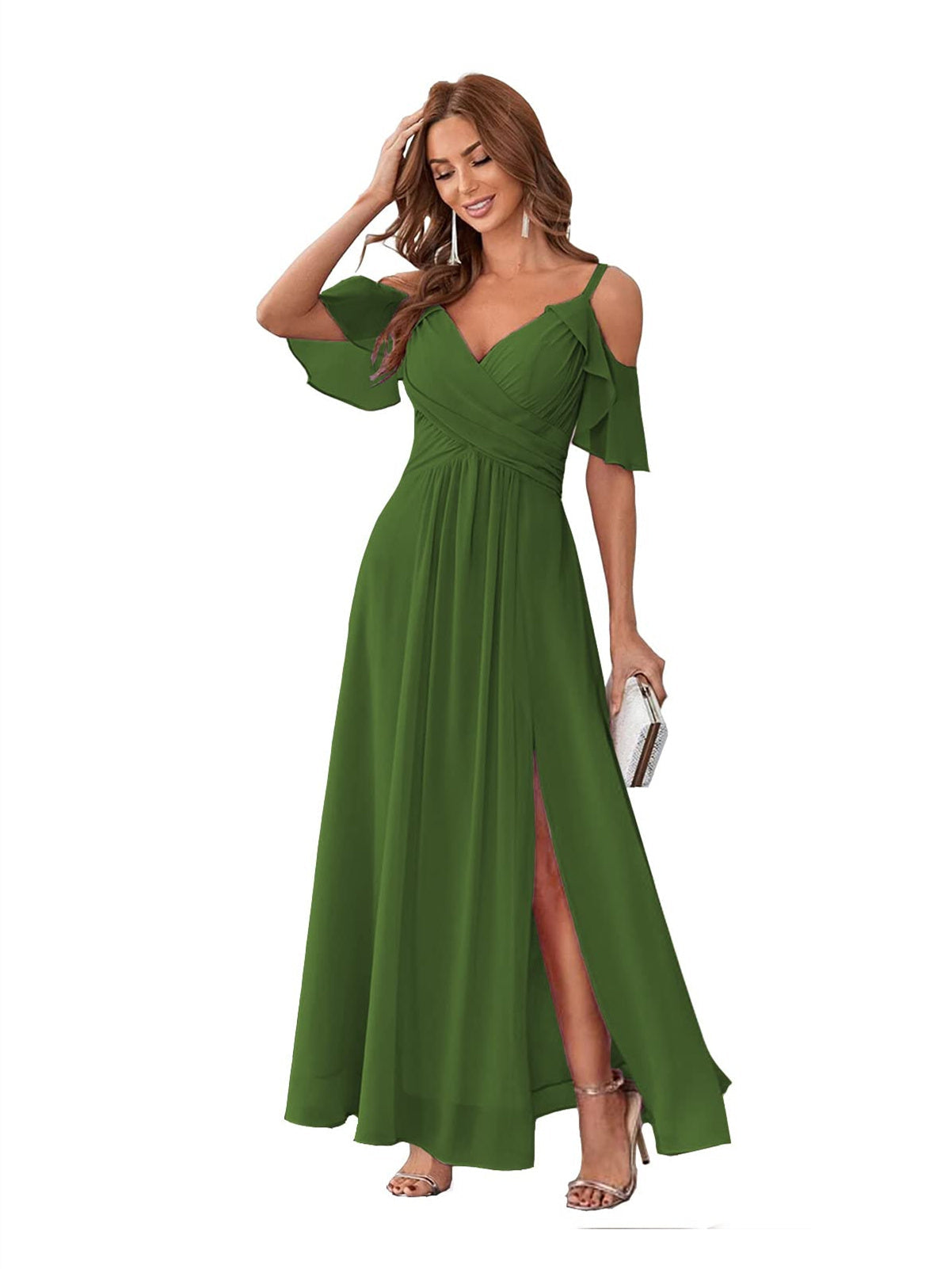 A-Line/Princess V Neck Short Sleeve Spaghetti Straps Ankle Length Bridesmaid Dresses Chiffon with Ruffles Bow(s)