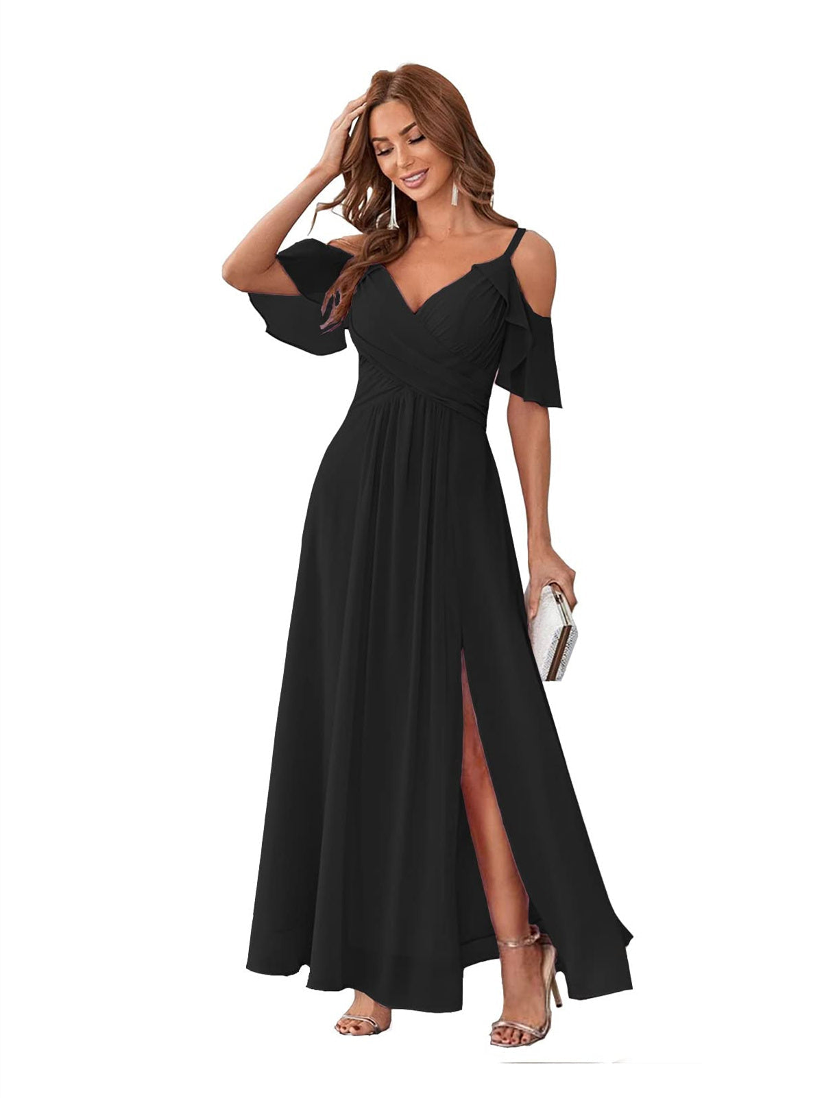 A-Line/Princess V Neck Short Sleeve Spaghetti Straps Ankle Length Bridesmaid Dresses Chiffon with Ruffles Bow(s)