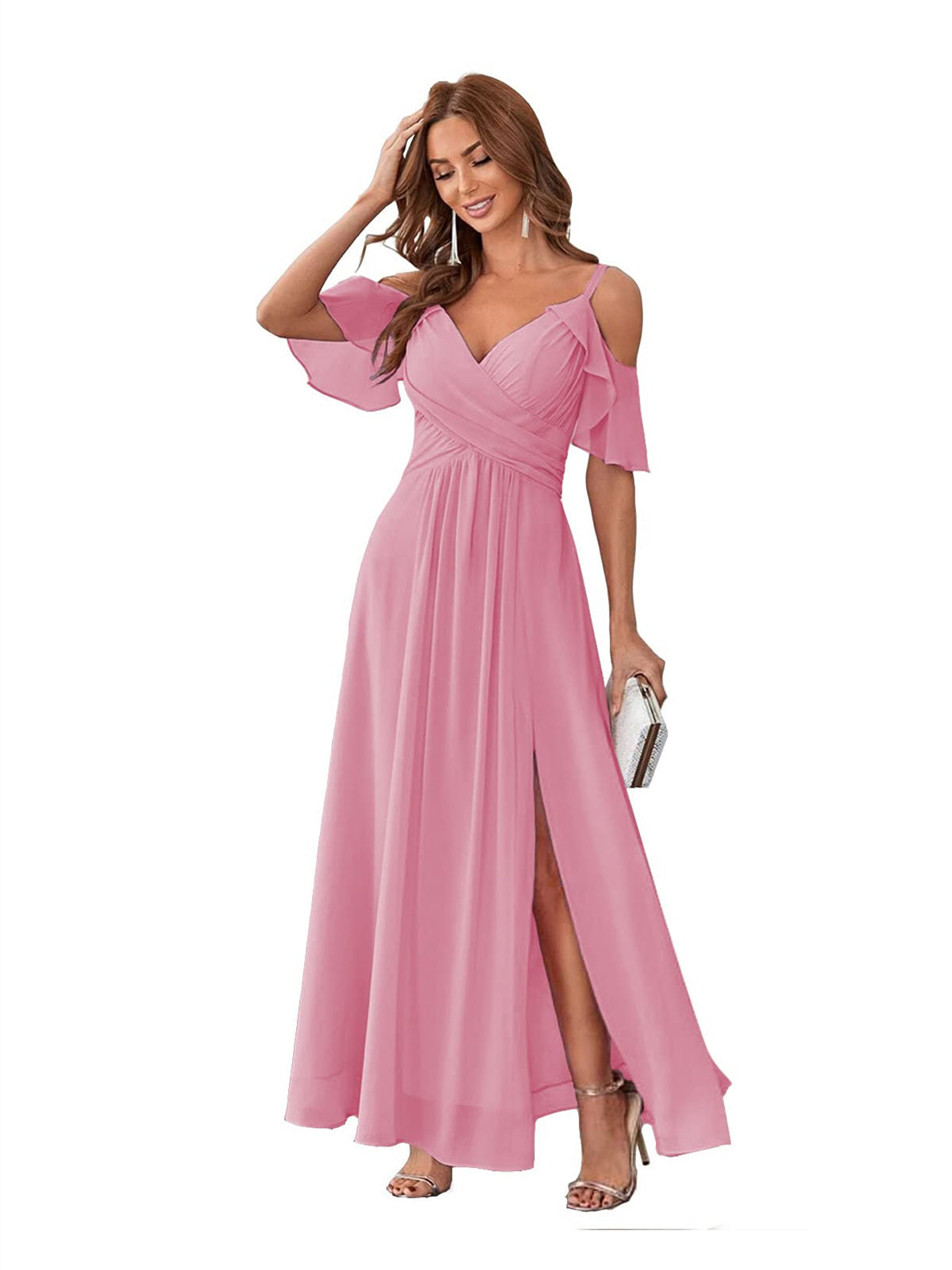 A-Line/Princess V Neck Short Sleeve Spaghetti Straps Ankle Length Bridesmaid Dresses Chiffon with Ruffles Bow(s)
