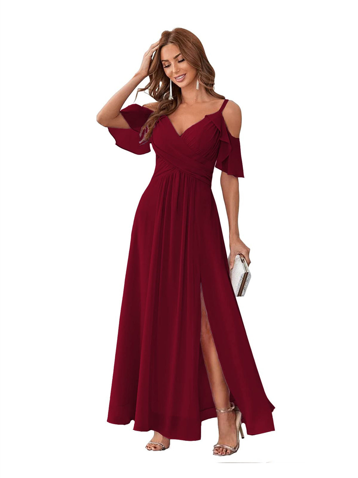 A-Line/Princess V Neck Short Sleeve Spaghetti Straps Ankle Length Bridesmaid Dresses Chiffon with Ruffles Bow(s)