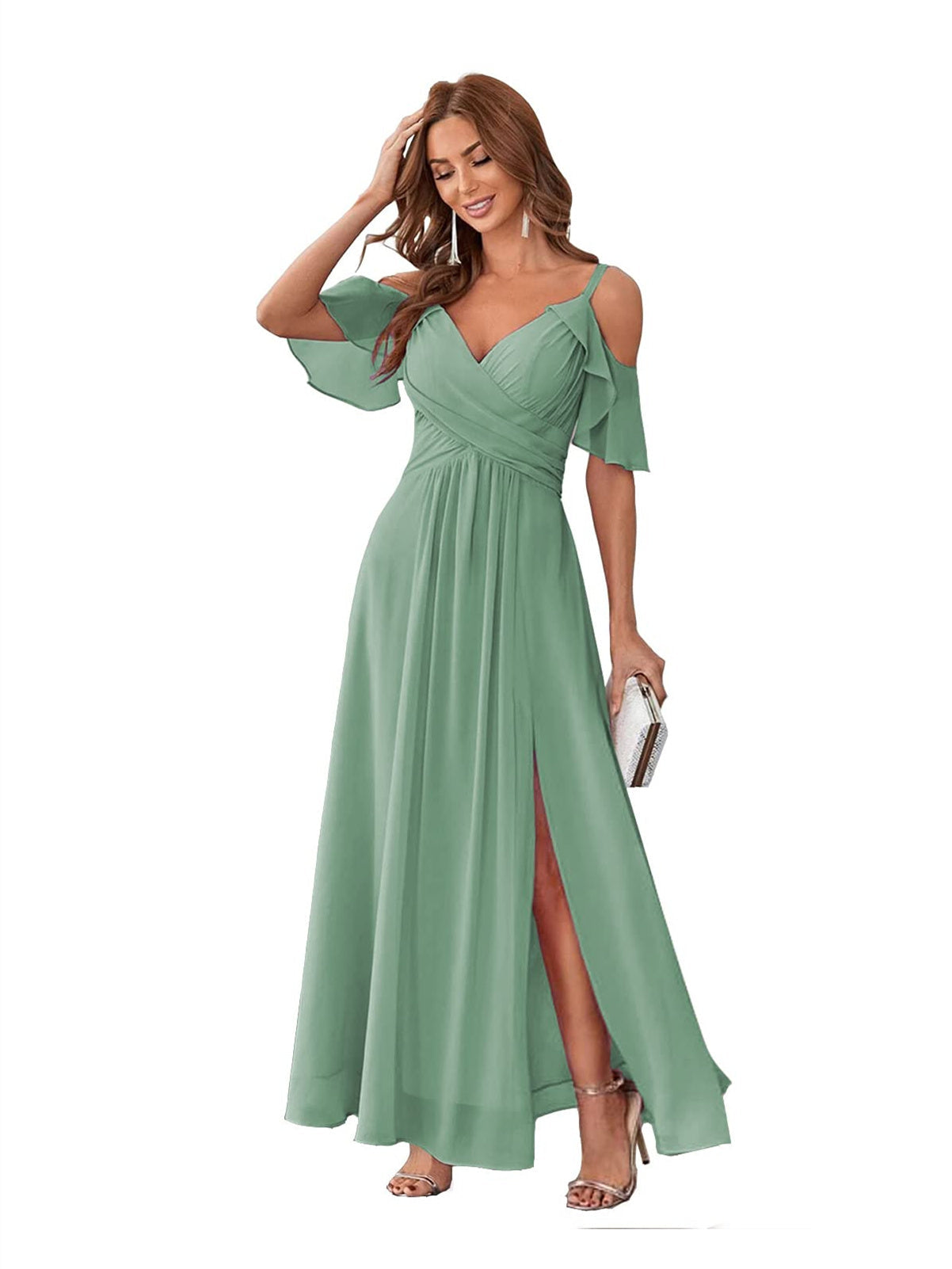 A-Line/Princess V Neck Short Sleeve Spaghetti Straps Ankle Length Bridesmaid Dresses Chiffon with Ruffles Bow(s)