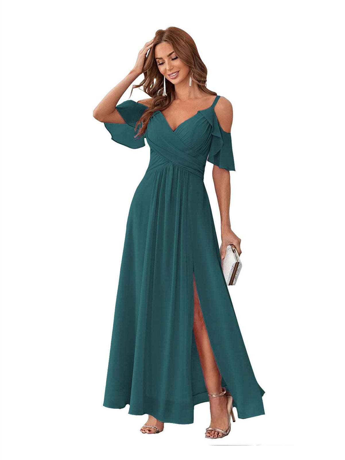 A-Line/Princess V Neck Short Sleeve Spaghetti Straps Ankle Length Bridesmaid Dresses Chiffon with Ruffles Bow(s)
