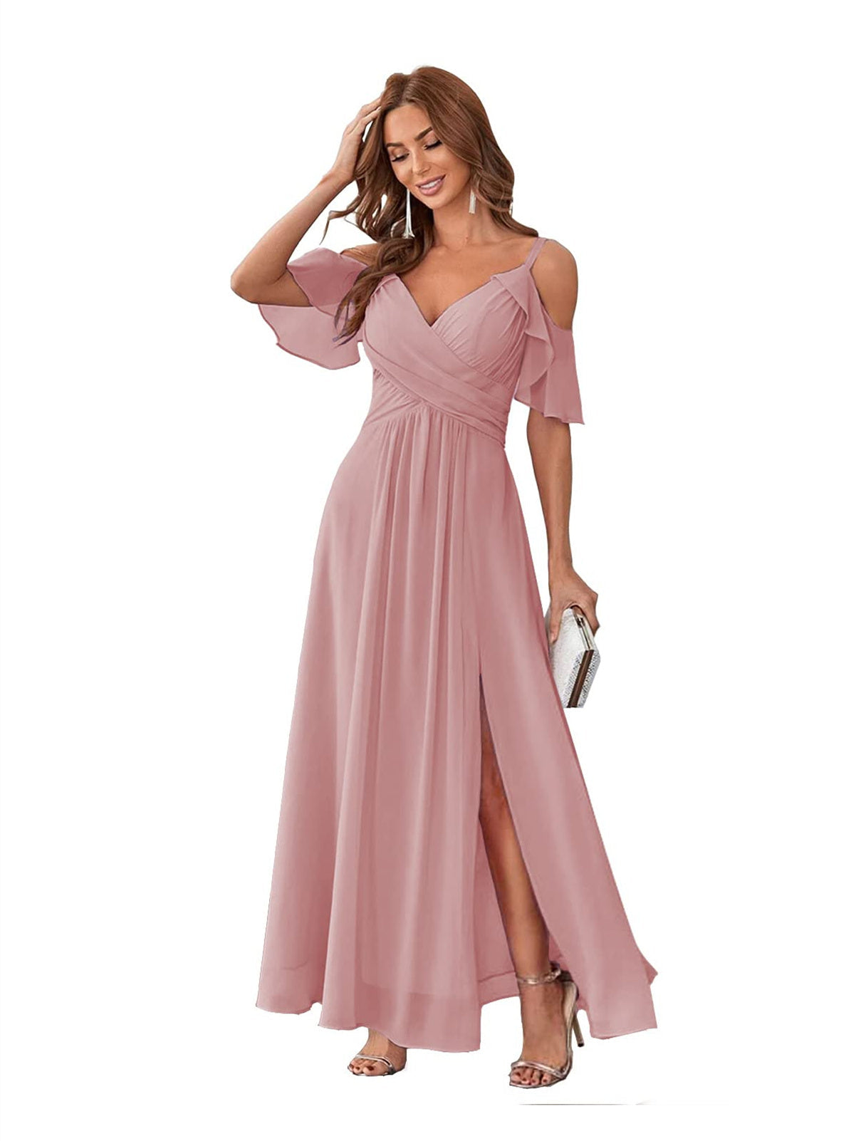 A-Line/Princess V Neck Short Sleeve Spaghetti Straps Ankle Length Bridesmaid Dresses Chiffon with Ruffles Bow(s)