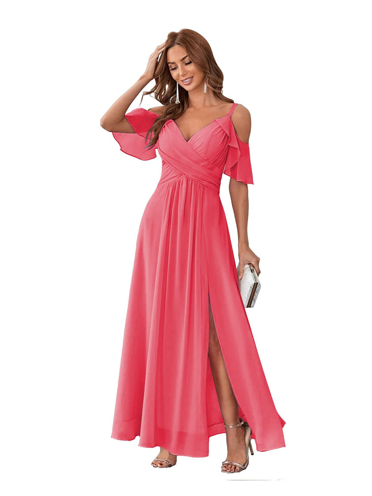 A-Line/Princess V Neck Short Sleeve Spaghetti Straps Ankle Length Bridesmaid Dresses Chiffon with Ruffles Bow(s)