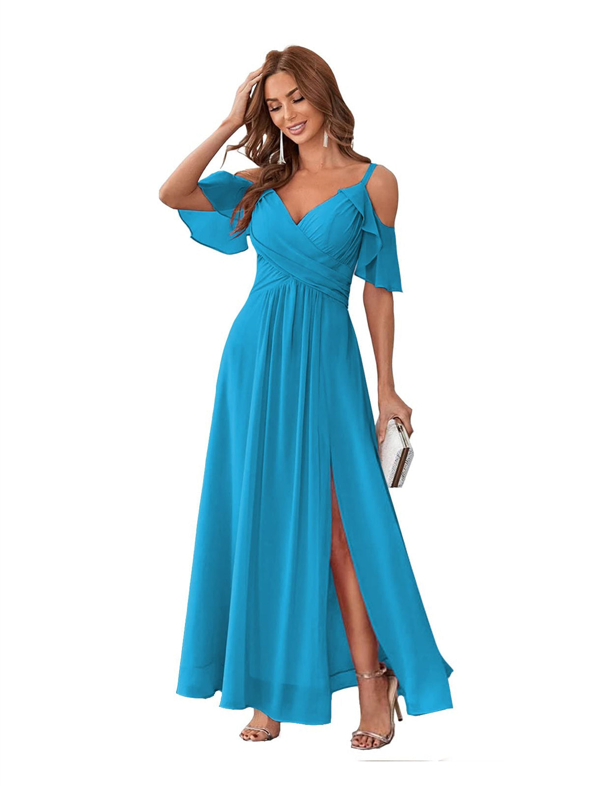 A-Line/Princess V Neck Short Sleeve Spaghetti Straps Ankle Length Bridesmaid Dresses Chiffon with Ruffles Bow(s)