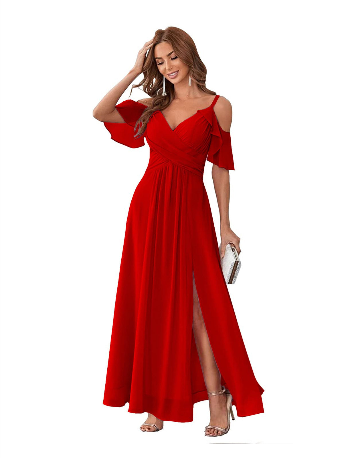 A-Line/Princess V Neck Short Sleeve Spaghetti Straps Ankle Length Bridesmaid Dresses Chiffon with Ruffles Bow(s)