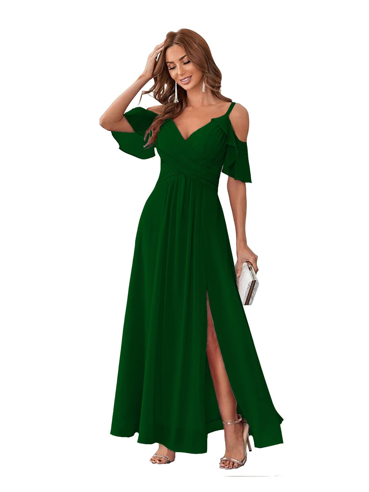 A-Line/Princess V Neck Short Sleeve Spaghetti Straps Ankle Length Bridesmaid Dresses Chiffon with Ruffles Bow(s)