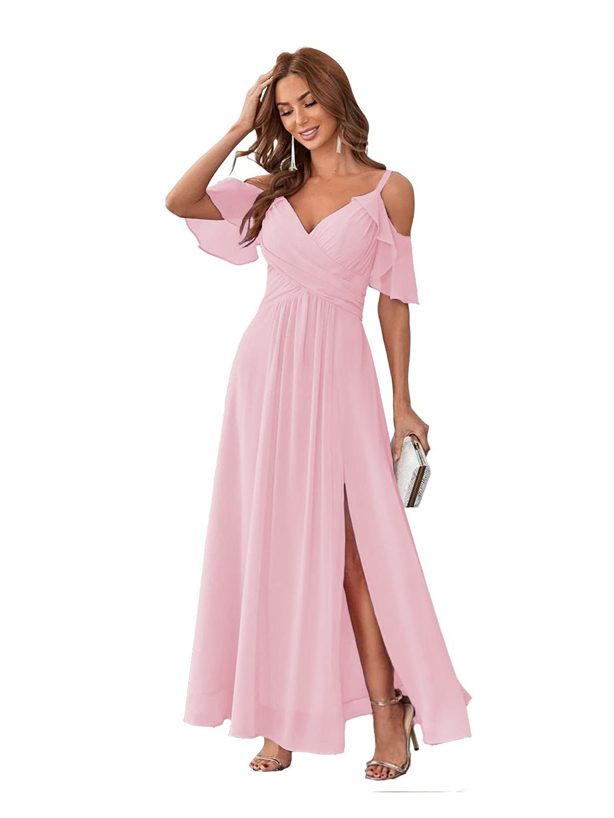 A-Line/Princess V Neck Short Sleeve Spaghetti Straps Ankle Length Bridesmaid Dresses Chiffon with Ruffles Bow(s)