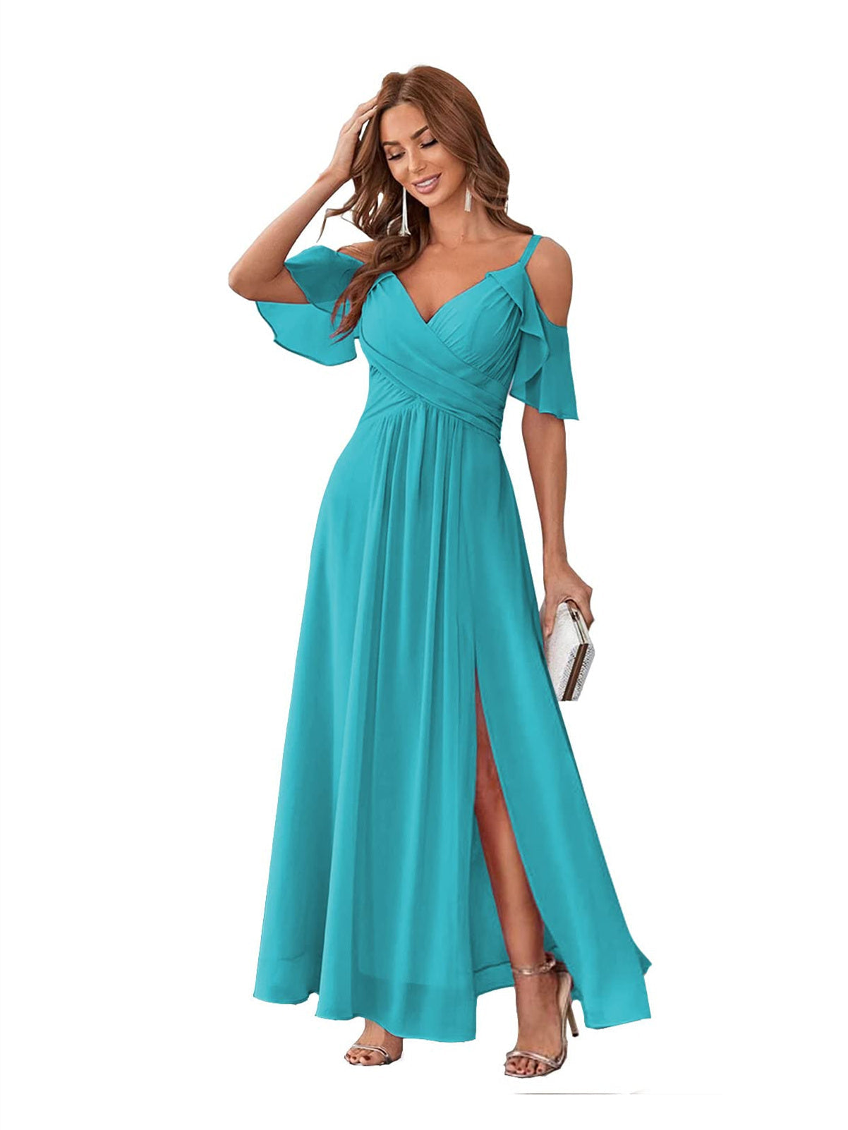 A-Line/Princess V Neck Short Sleeve Spaghetti Straps Ankle Length Bridesmaid Dresses Chiffon with Ruffles Bow(s)