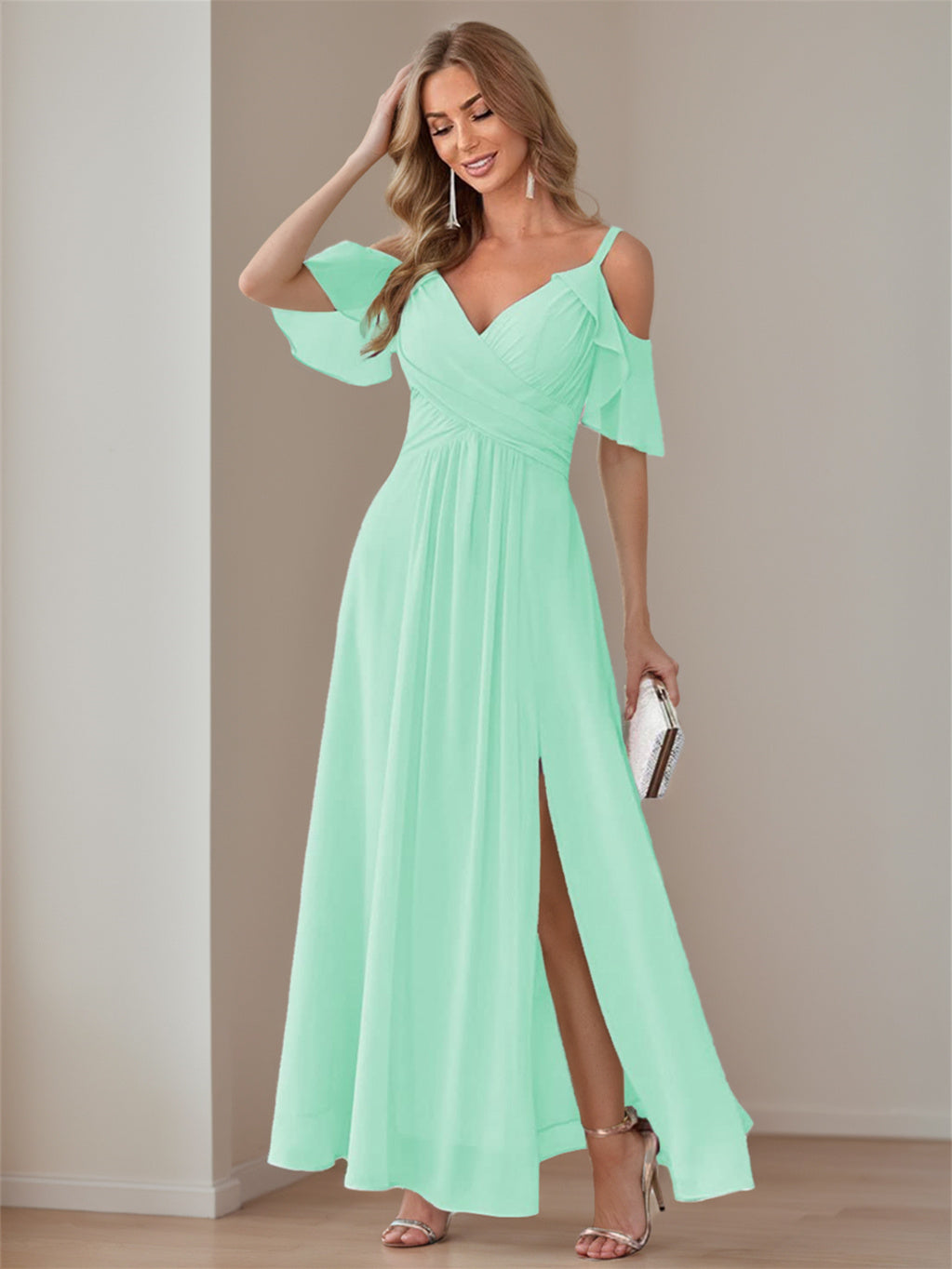 A-Line/Princess V Neck Short Sleeve Spaghetti Straps Ankle Length Bridesmaid Dresses Chiffon with Ruffles Bow(s)