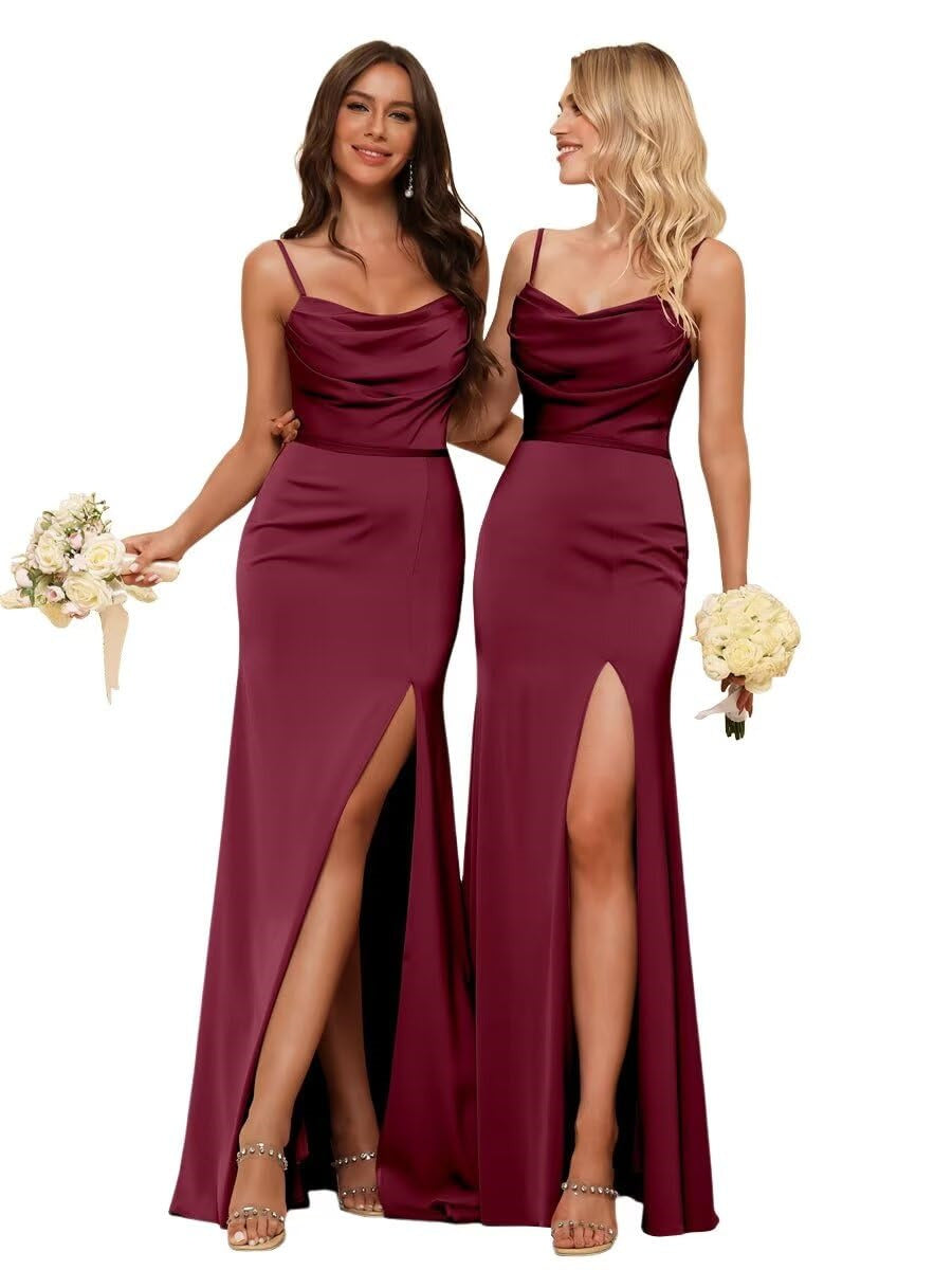 Sheath/Column Spaghetti Straps Sleeveless Floor Length Bridesmaid Dresses Satin with Ruffles Split