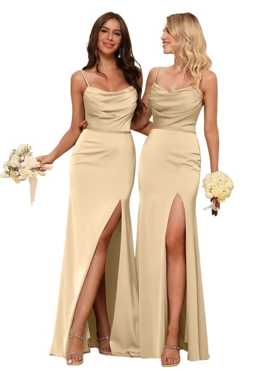Sheath/Column Spaghetti Straps Sleeveless Floor Length Bridesmaid Dresses Satin with Ruffles Split
