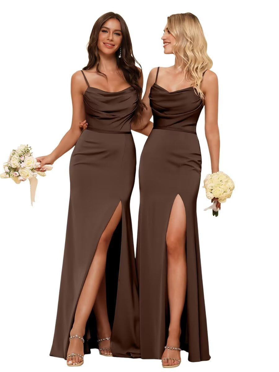 Sheath/Column Spaghetti Straps Sleeveless Floor Length Bridesmaid Dresses Satin with Ruffles Split