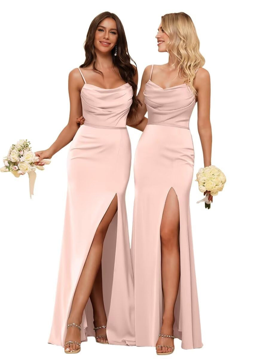 Sheath/Column Spaghetti Straps Sleeveless Floor Length Bridesmaid Dresses Satin with Ruffles Split