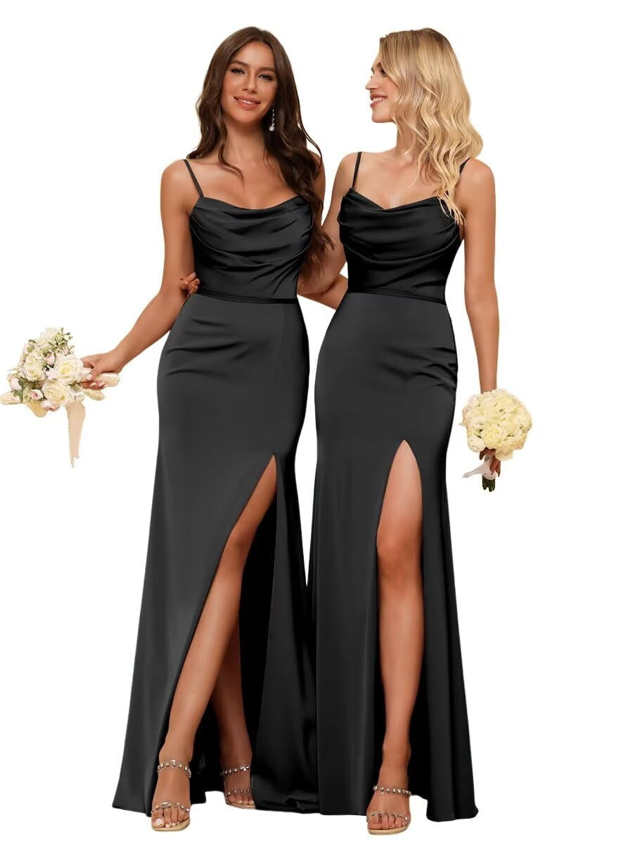 Sheath/Column Spaghetti Straps Sleeveless Floor Length Bridesmaid Dresses Satin with Ruffles Split
