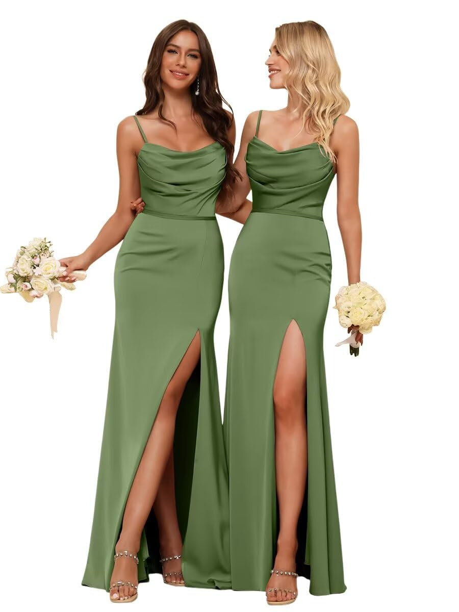 Sheath/Column Spaghetti Straps Sleeveless Floor Length Bridesmaid Dresses Satin with Ruffles Split